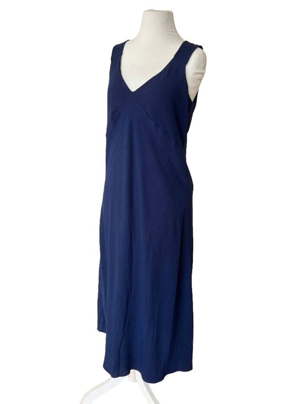 Tahari Navy Blue V Neck Tank Bias Cut Midi Flowy Dress Arthur Levine SZ L Maxi